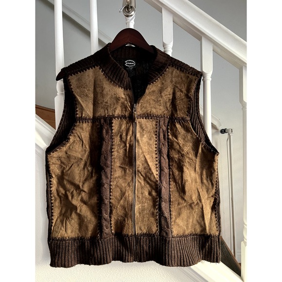 Vintage Brown Suede & Knit Sleeveless Zip Front Vest‎ Unisex Size Large - Picture 1 of 3
